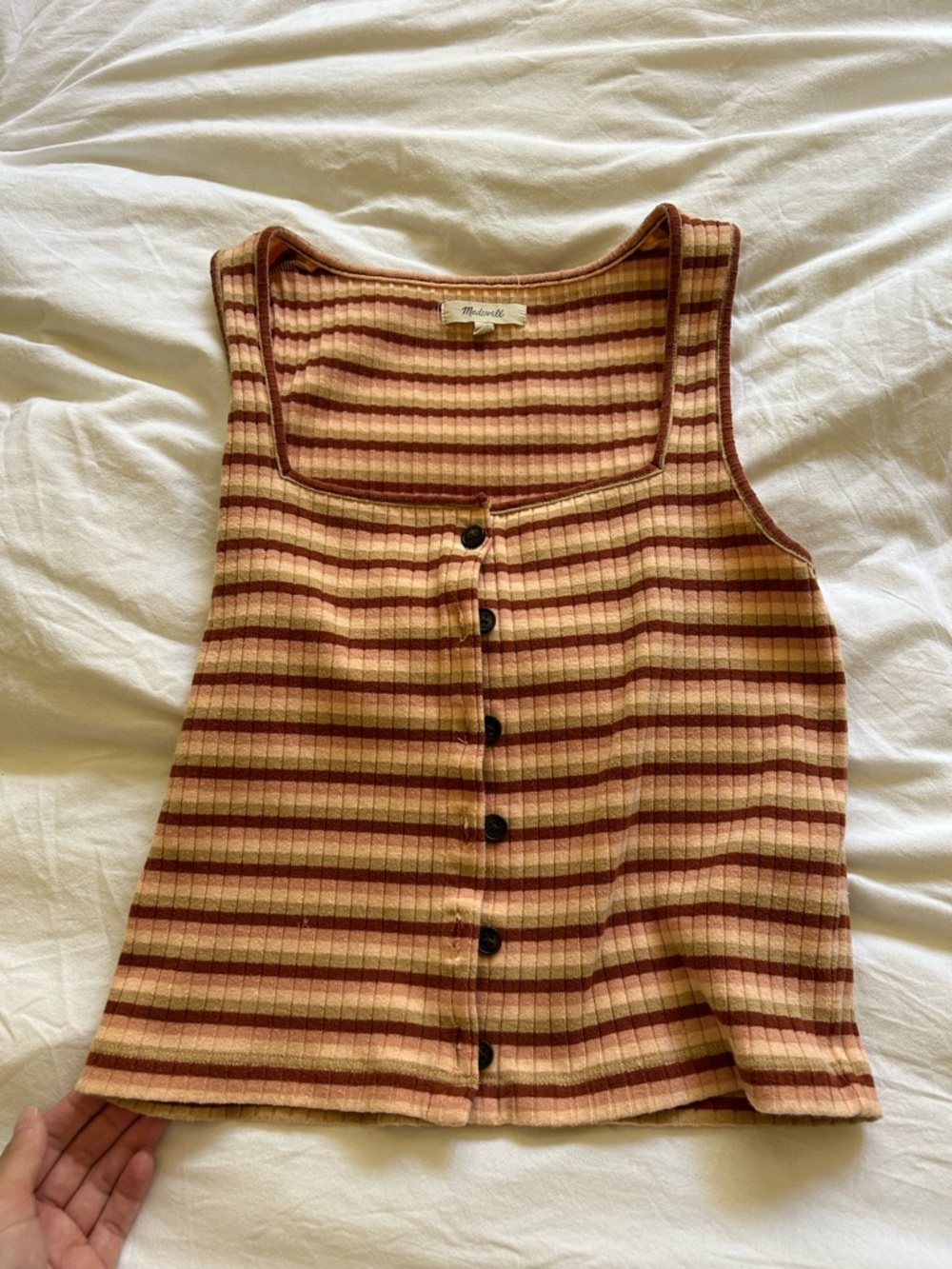 Madewell Ribbed Button-Front Tank Top in Rust and Cream Stripes